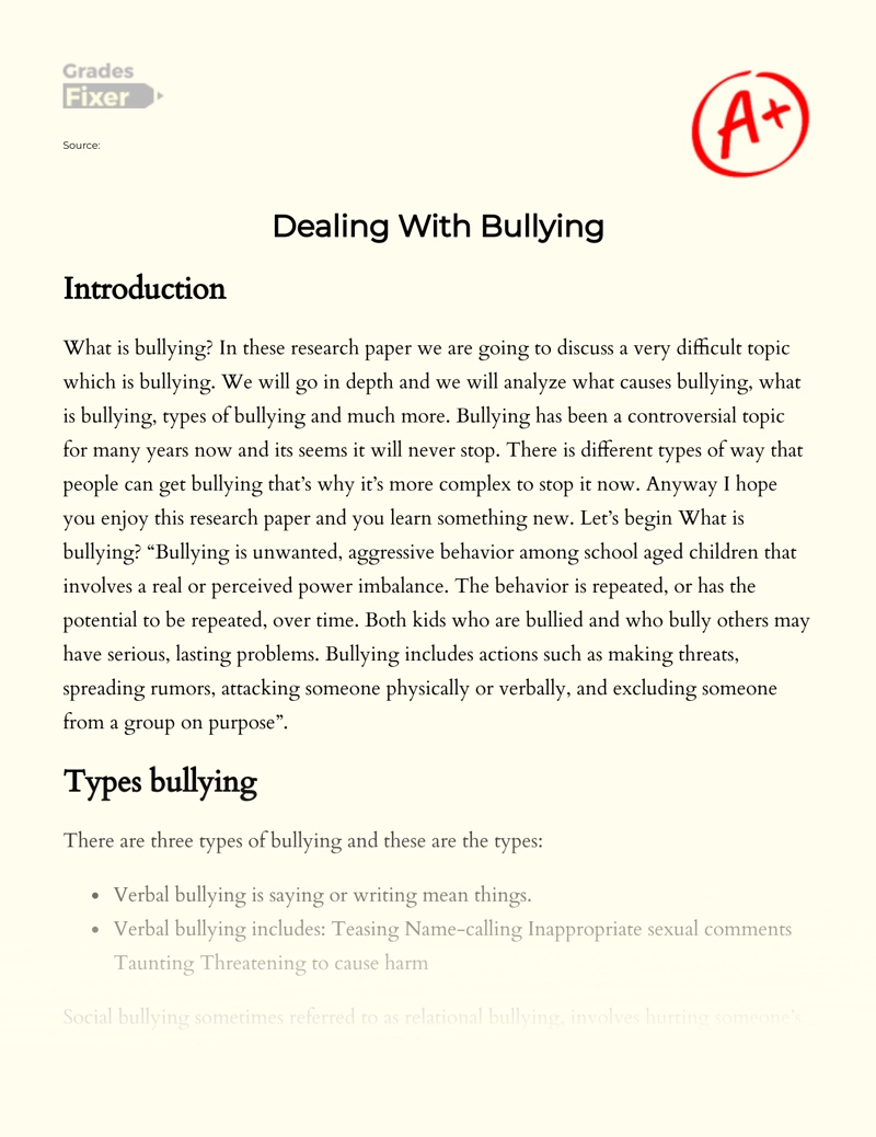 Bullying: Definition, Types and Its Resolution essay