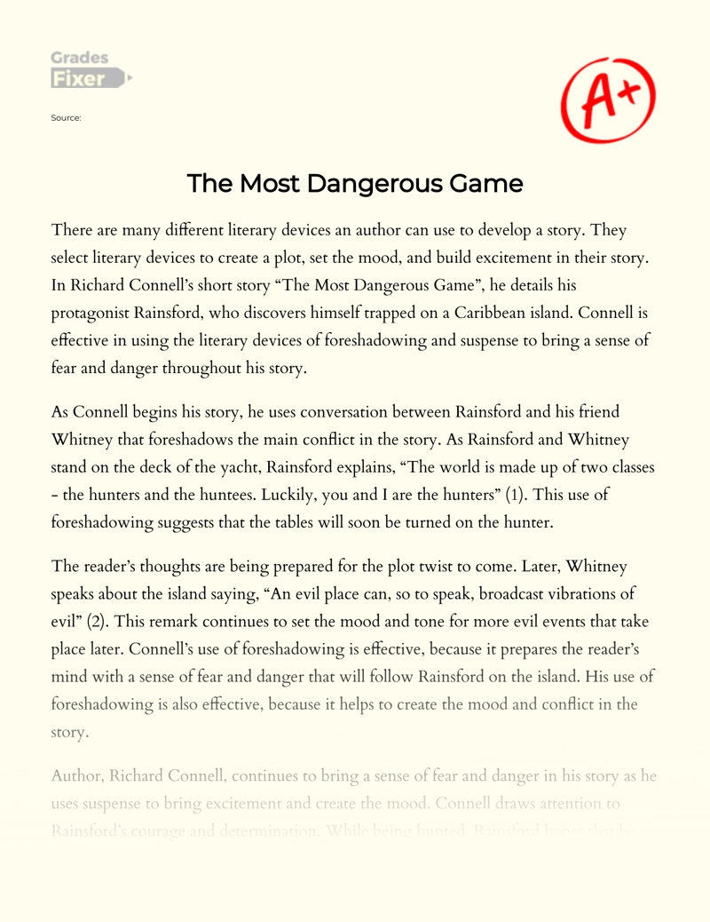 Foreshadowing and Suspense in "The Most Dangerous Game" essay
