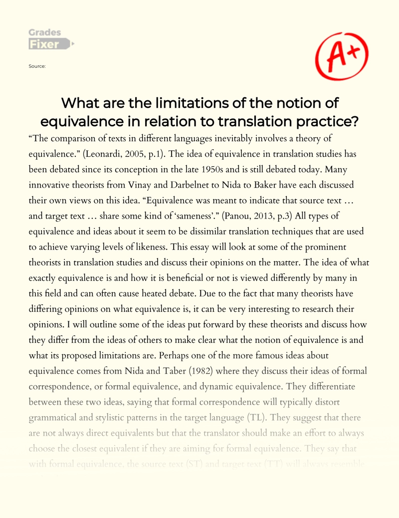 The Limitations of The Notion of Equivalence in Relation to Translation Practice Essay