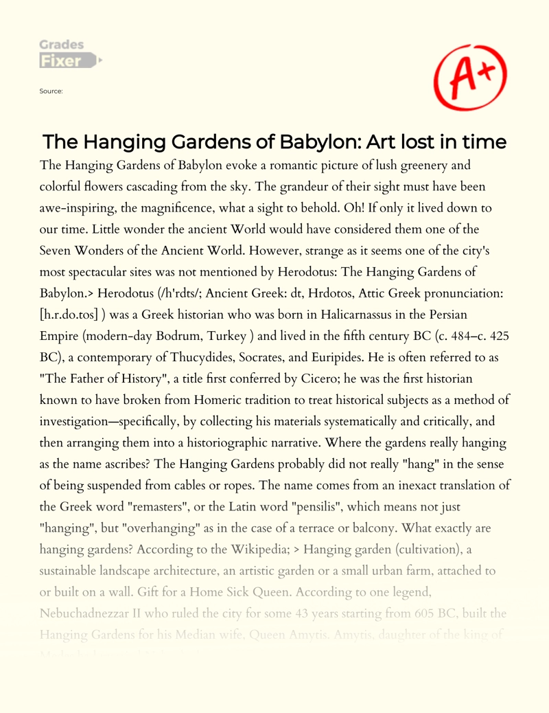 The Hanging Gardens of Babylon: Art Lost in Time Essay