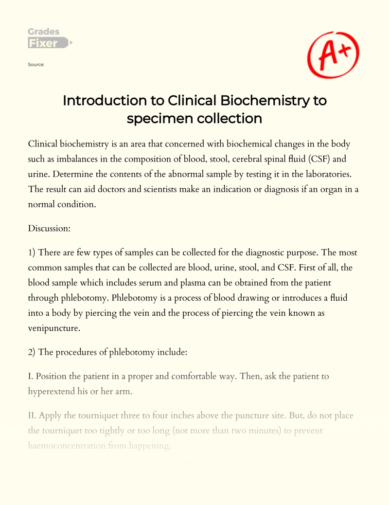 Introduction to Clinical Biochemistry to Specimen Collection Essay