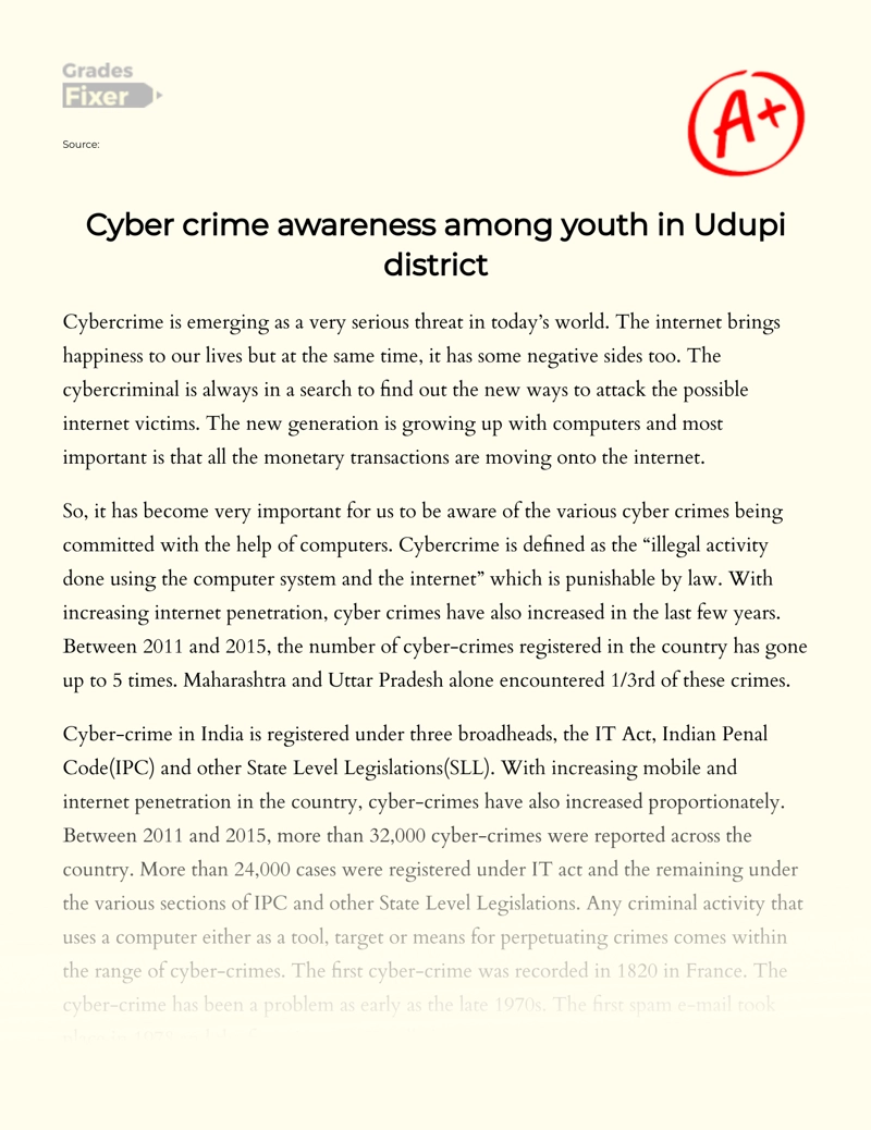 Cyber Crime Awareness Among Youth in Udupi District Essay