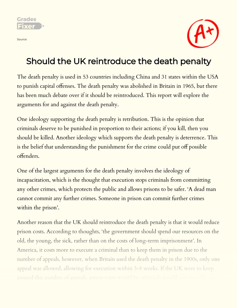 Should The UK Reintroduce The Death Penalty Essay