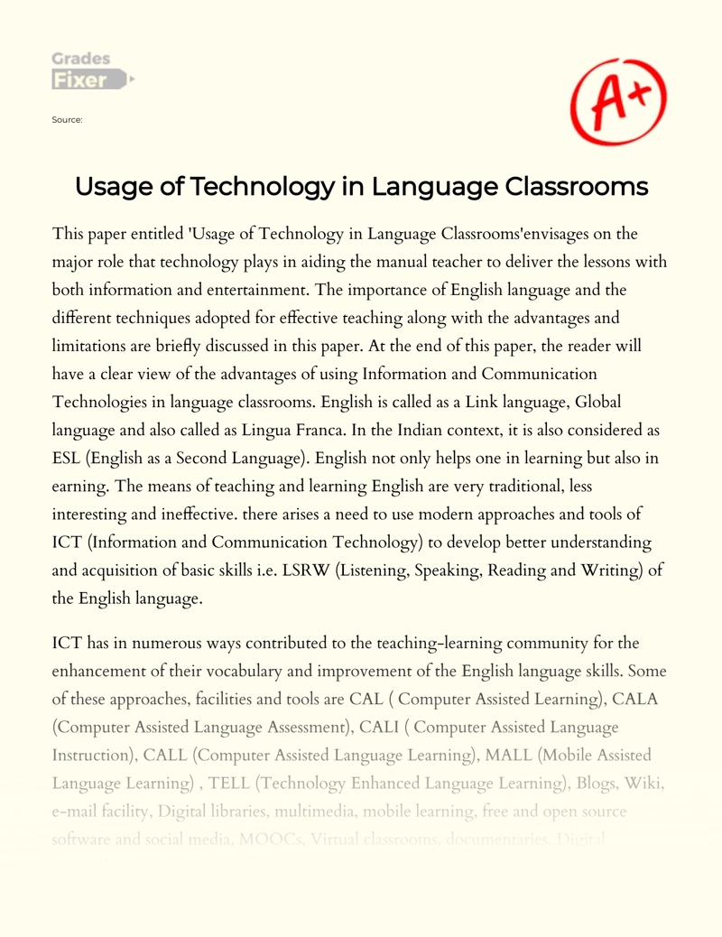 Usage of Technology in Language Classrooms essay