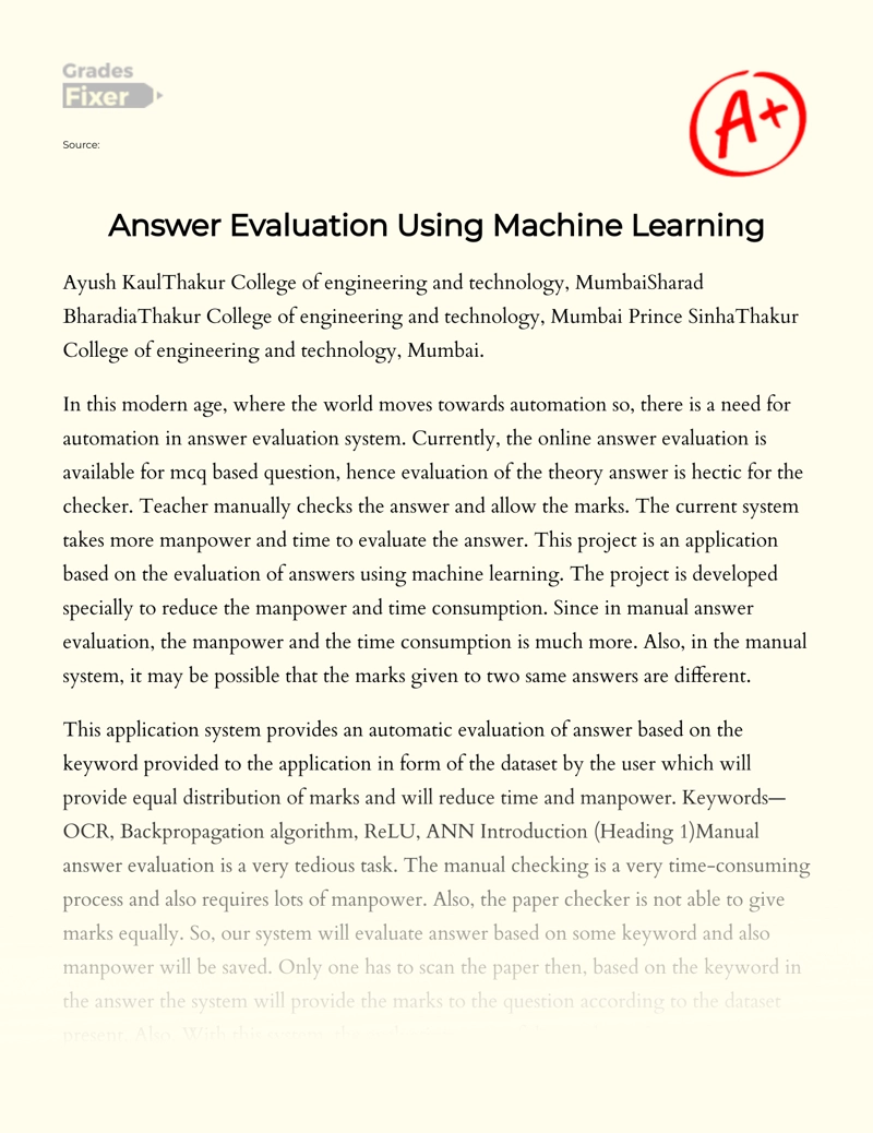 Answer Evaluation Using Machine Learning Essay