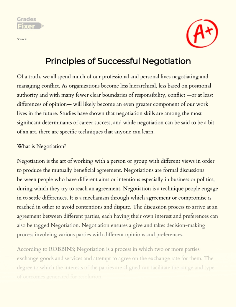 Principles of Successful Negotiation Essay