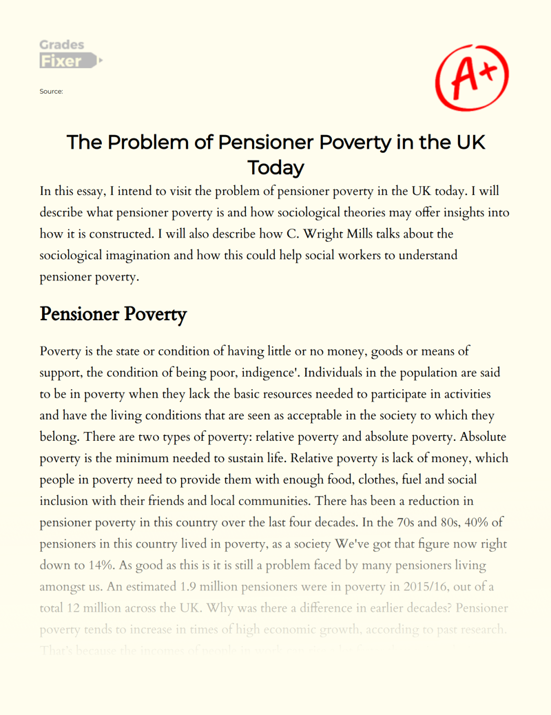 The Problem of Pensioner Poverty in The UK Today Essay