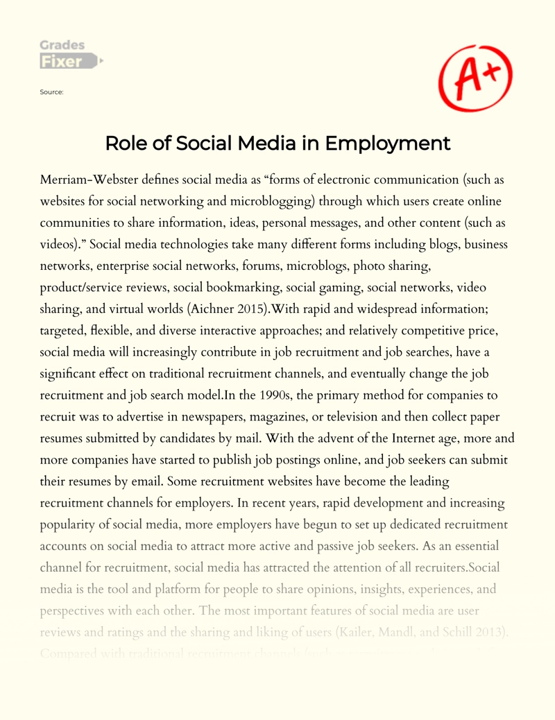 Role of Social Media in Employment Essay