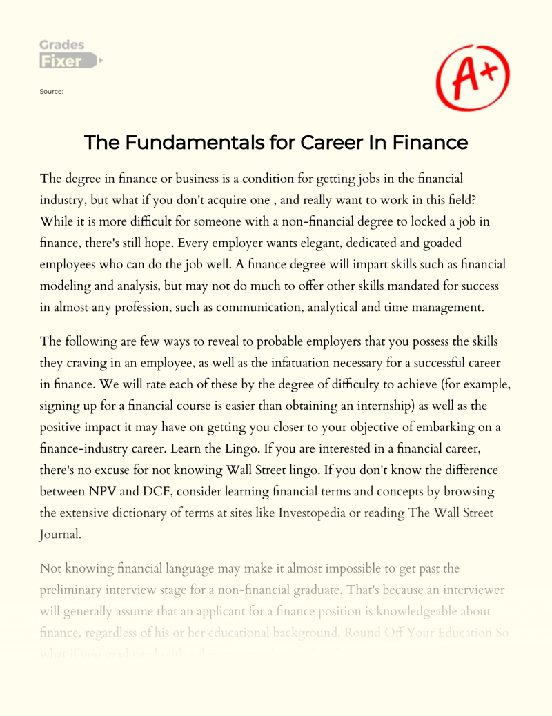 The Fundamentals for Career in Finance Essay