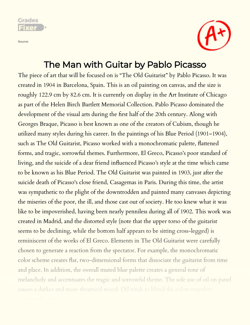 Pablo Picasso's "The Old Guitarist": Analysis Essay