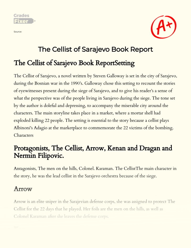 The Cellist of Sarajevo Book Report Essay