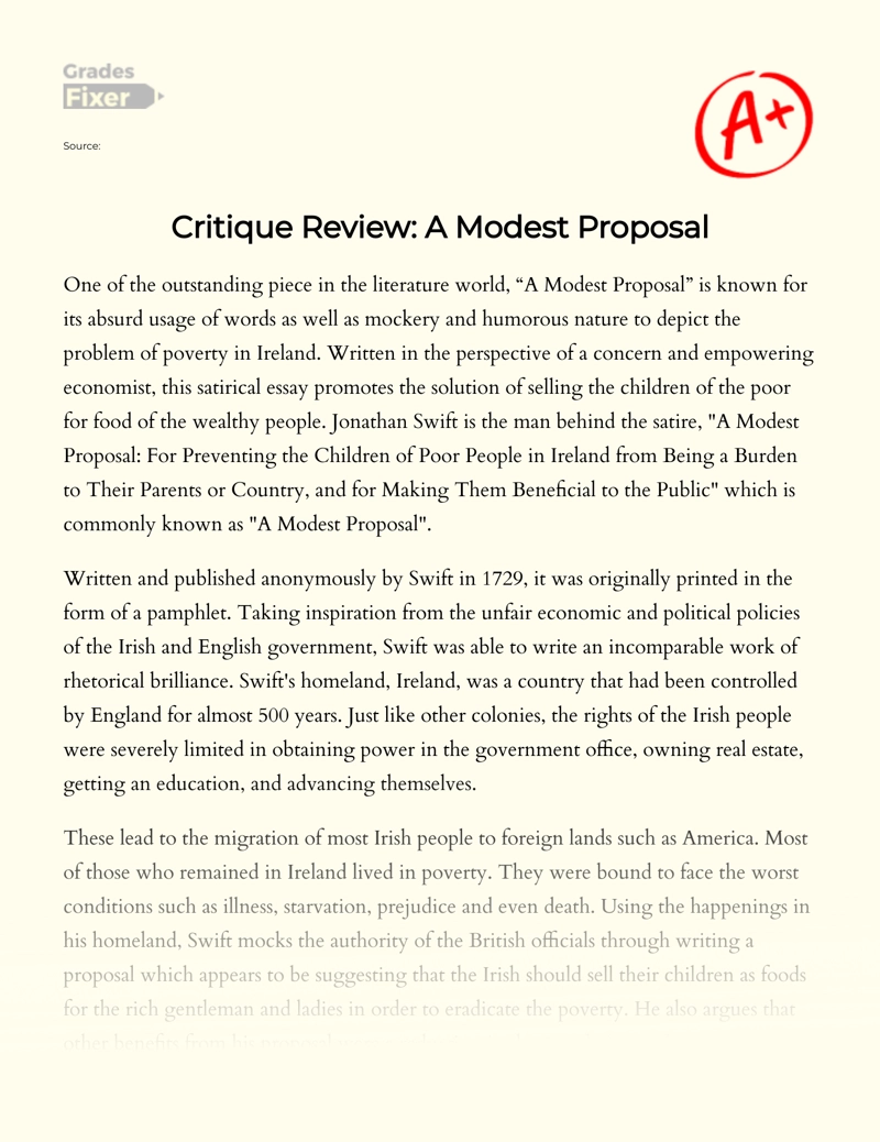 Critique Review: a Modest Proposal Essay