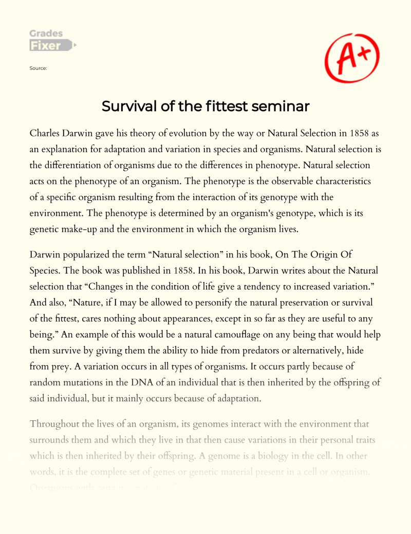 Natural Selection: Survival of The Fittest essay
