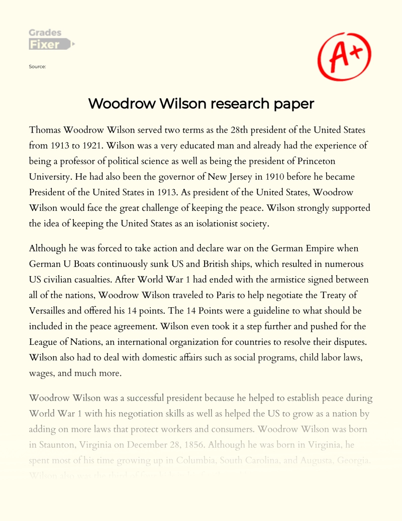 Woodrow Wilson Research Paper Essay