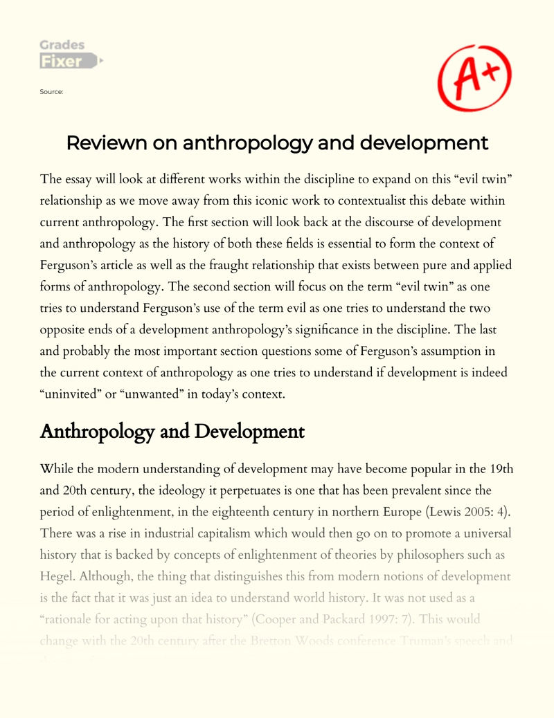 Review on Anthropology and Development and "Evil Twin" Essay