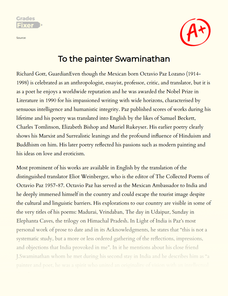 To The Painter Swaminathan Essay