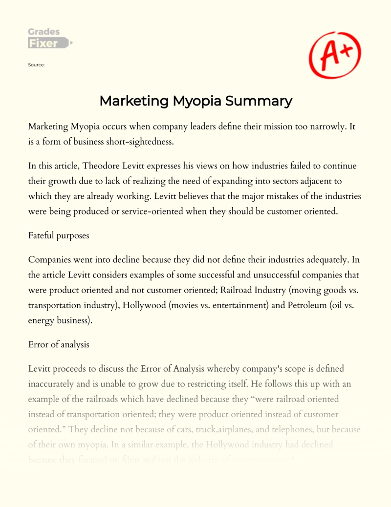 Analysis of "Marketing Myopia" by Levitt Theodore  Essay