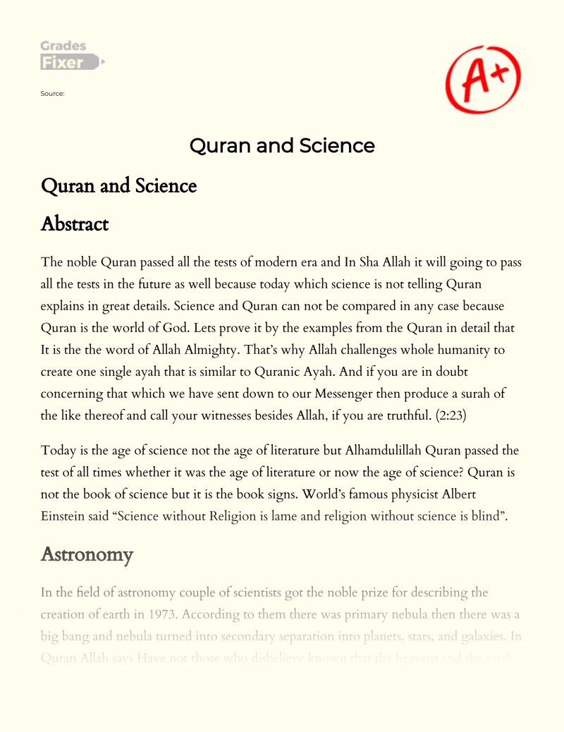 The Quran and Modern Science: The Miracles of Creation Essay