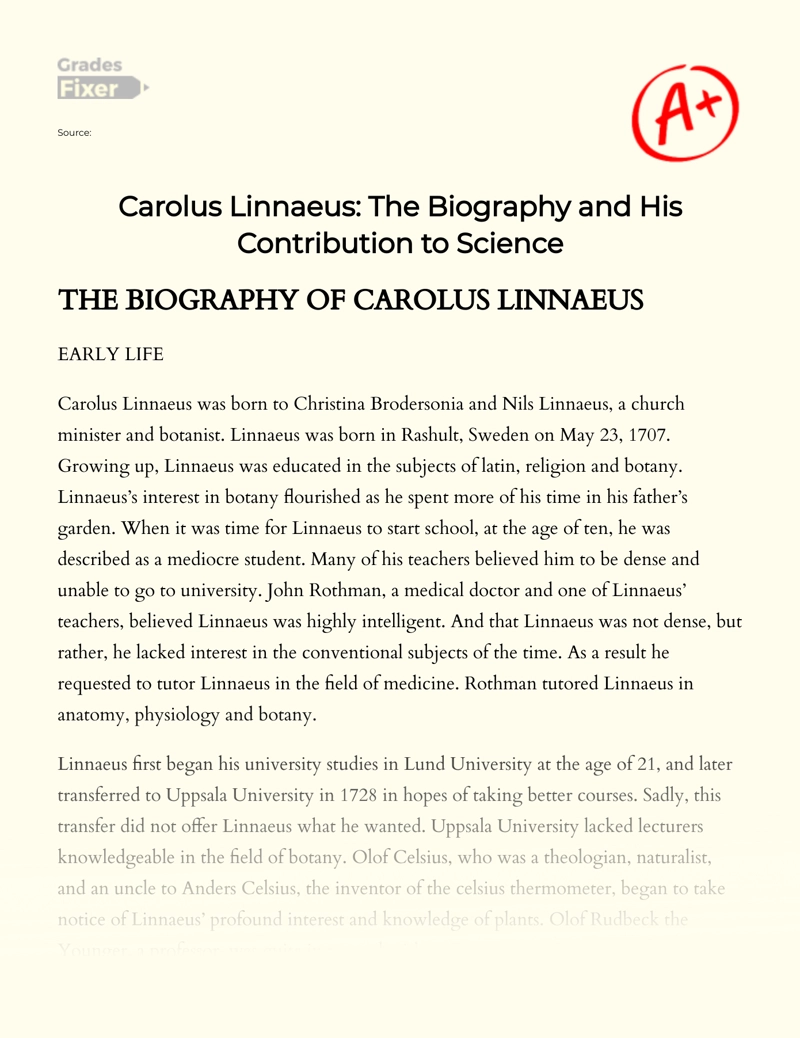 Carolus Linnaeus: The Biography and His Contribution to Science Essay
