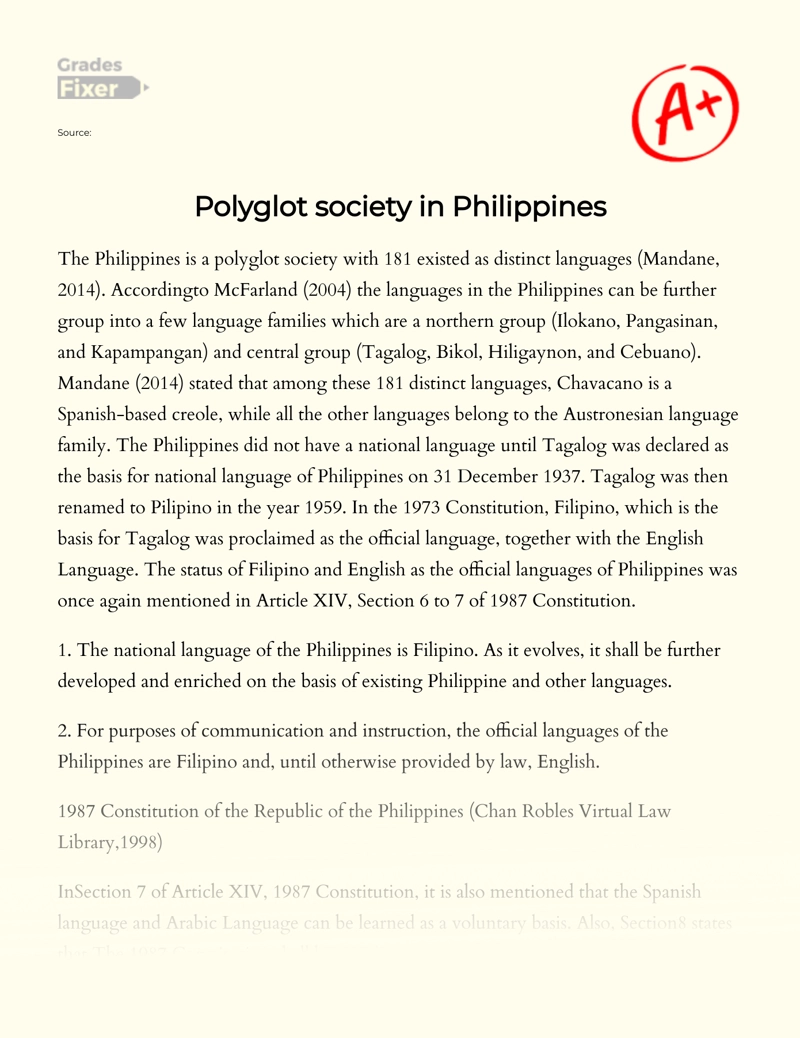 Bilingual Or Multilingual Society in Philippines essay