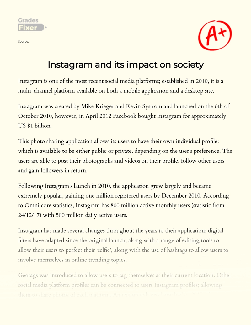 Instagram Popularity and Its Impact on Society essay