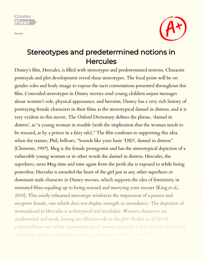Stereotypes and Predetermined Notions in Hercules Essay