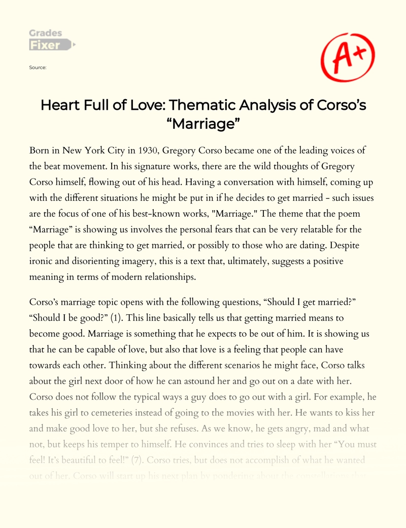 Heart Full of Love: Thematic Analysis of Corso’s "Marriage" Essay