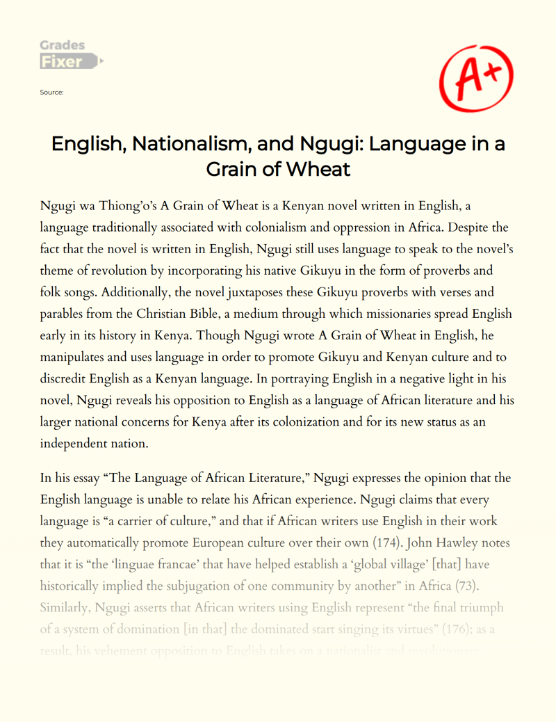 English, Nationalism, and Ngugi: Language in a Grain of Wheat Essay