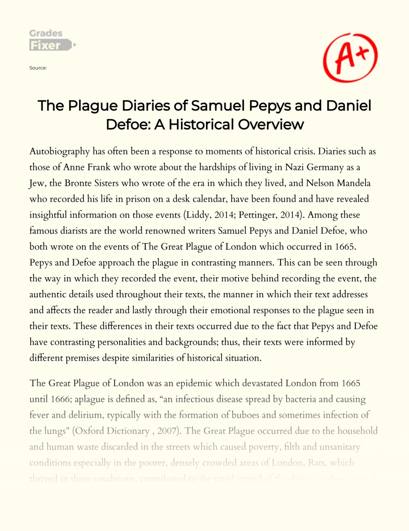 The Plague Diaries of Samuel Pepys and Daniel Defoe: a Historical Overview Essay