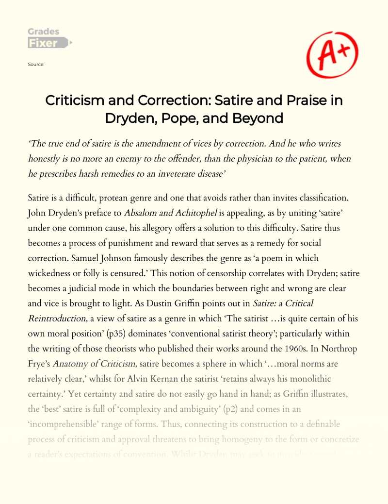 Criticism and Correction: Satire and Praise in Dryden, Pope, and Beyond Essay