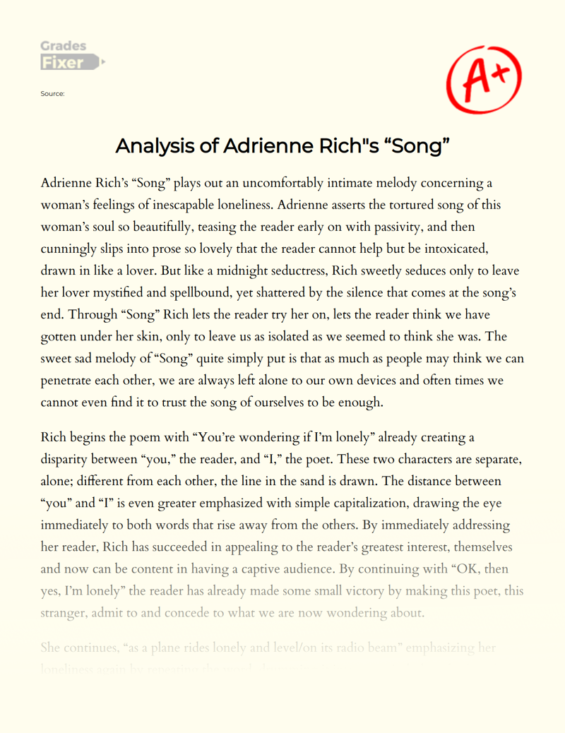 Analysis of Adrienne Rich"s "Song" Essay