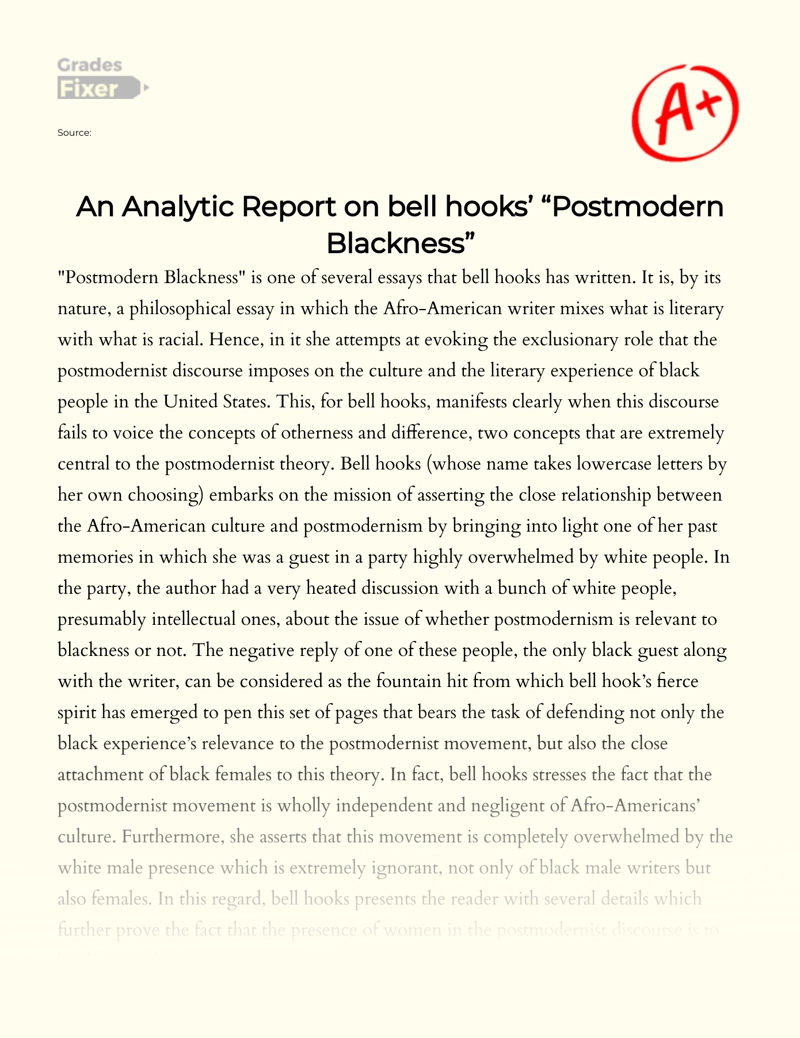 An Analytic Report on Bell Hooks’ "Postmodern Blackness" Essay