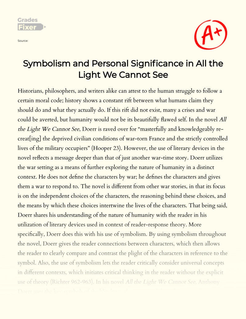 Symbolism and Personal Significance in All The Light We Cannot See Essay