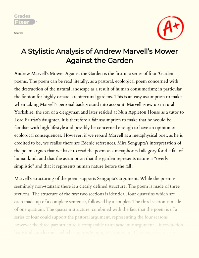 A Stylistic Analysis of Andrew Marvell’s Mower Against The Garden Essay