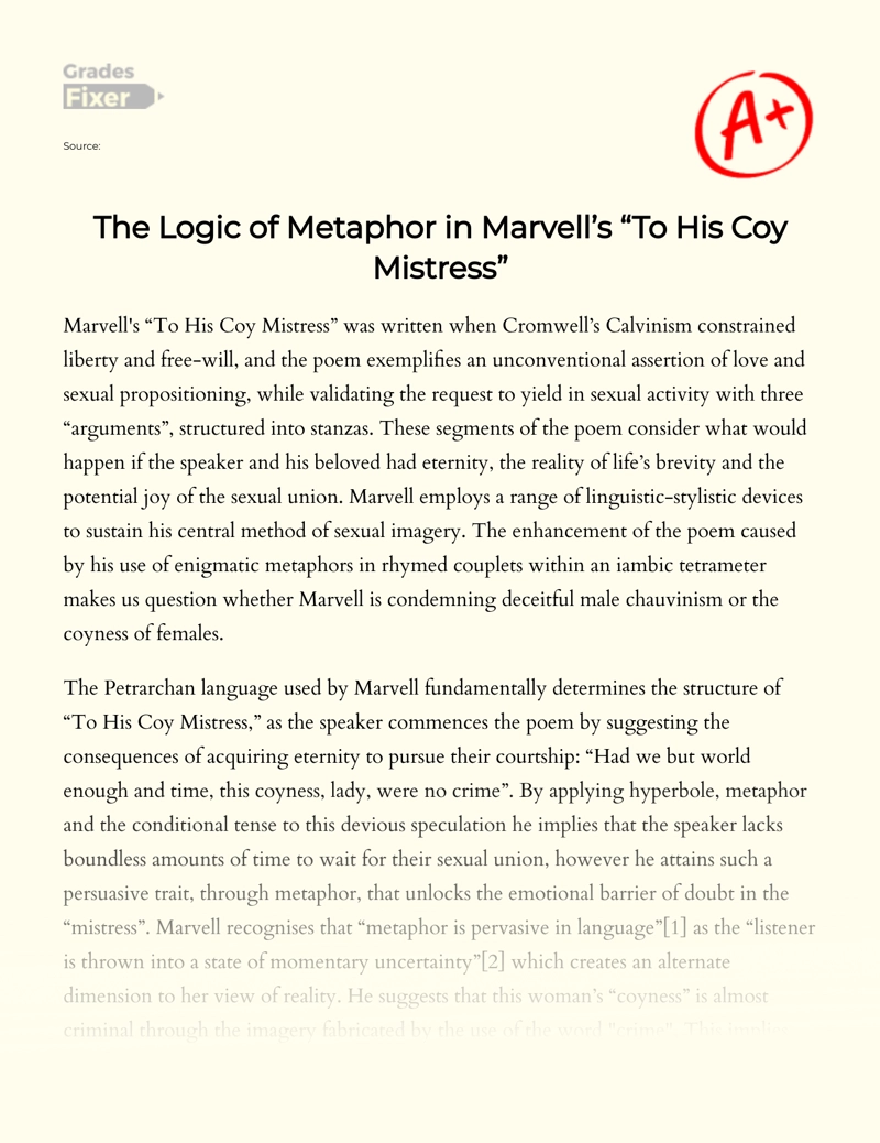 The Logic of Metaphor in Marvell’s "To His Coy Mistress" essay