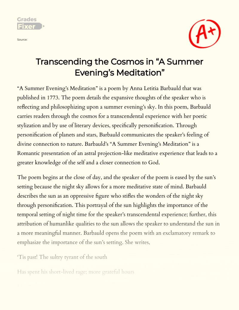 Transcendental Astral Projection-like Experience: "A Summer Evening's Meditation" Analysis  Essay