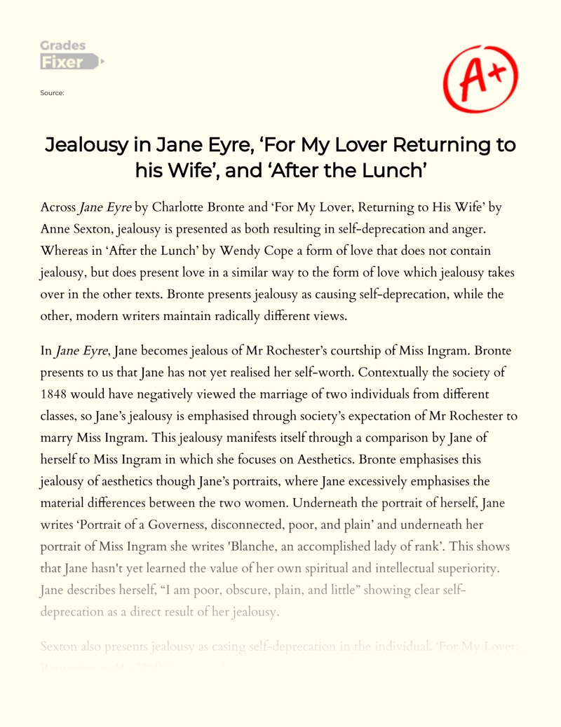 Jealousy in "Jane Eyre", "For My Lover Returning to His Wife", and "After The Lunch" essay