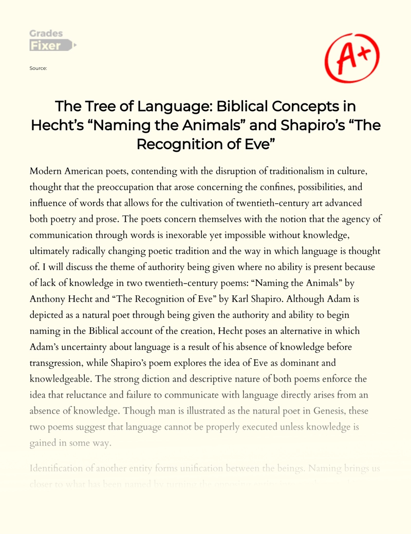 The Tree of Language: Biblical Concepts in Hecht’s "Naming The Animals" and Shapiro’s "The Recognition of Eve" Essay