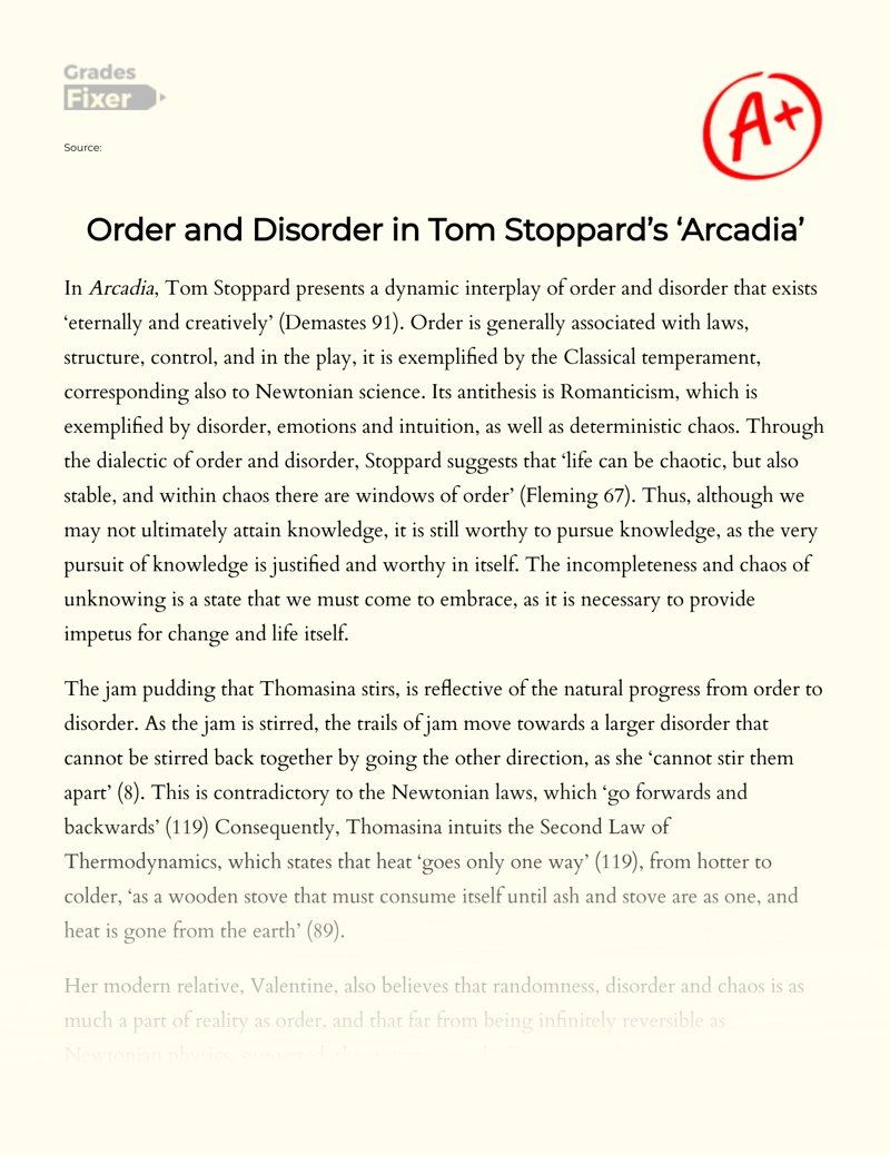 Order and Disorder in Tom Stoppard’s ‘arcadia’ Essay