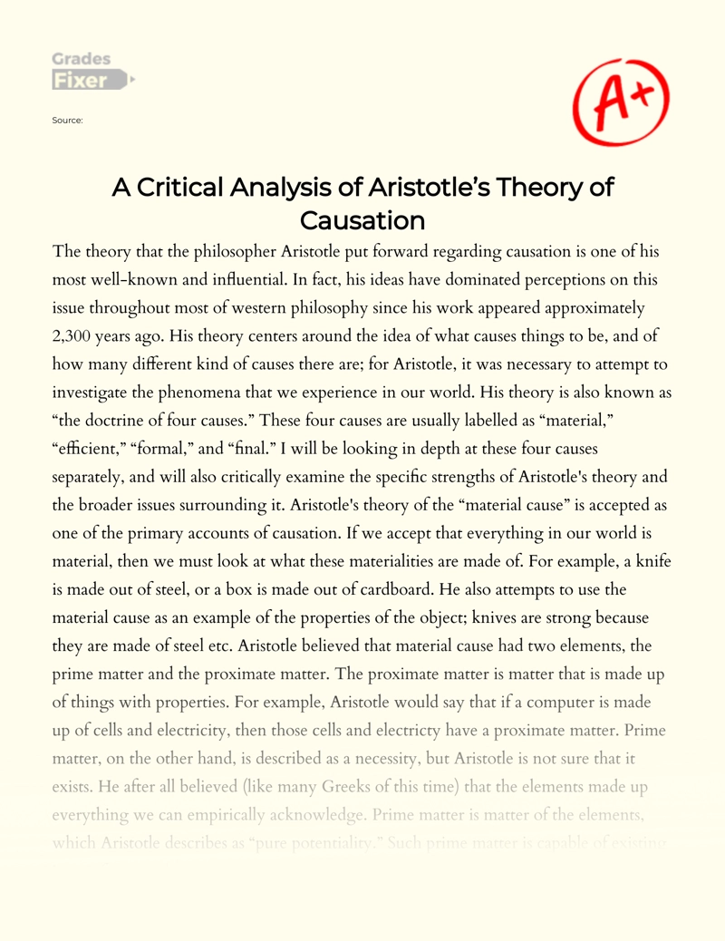 A Critical Analysis of Aristotle’s Theory of Causation Essay