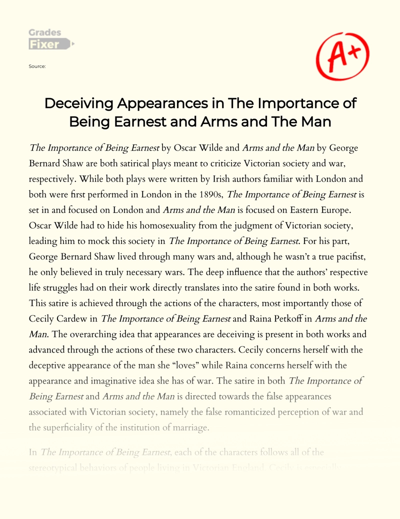 Deceiving Appearances in "The Importance of Being Earnest" and "Arms and The Man" Essay