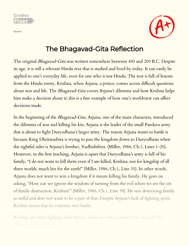 The Bhagavad-gita Reflection Essay