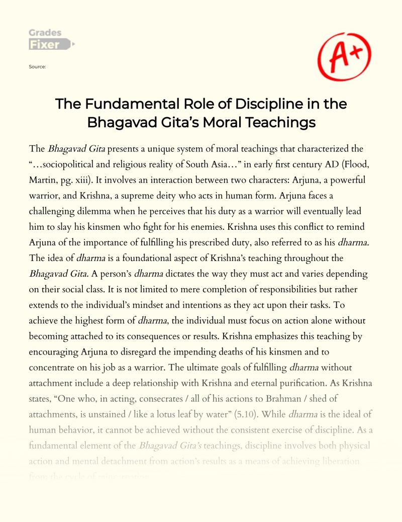 The Fundamental Role of Discipline in The Bhagavad Gita’s Moral Teachings Essay