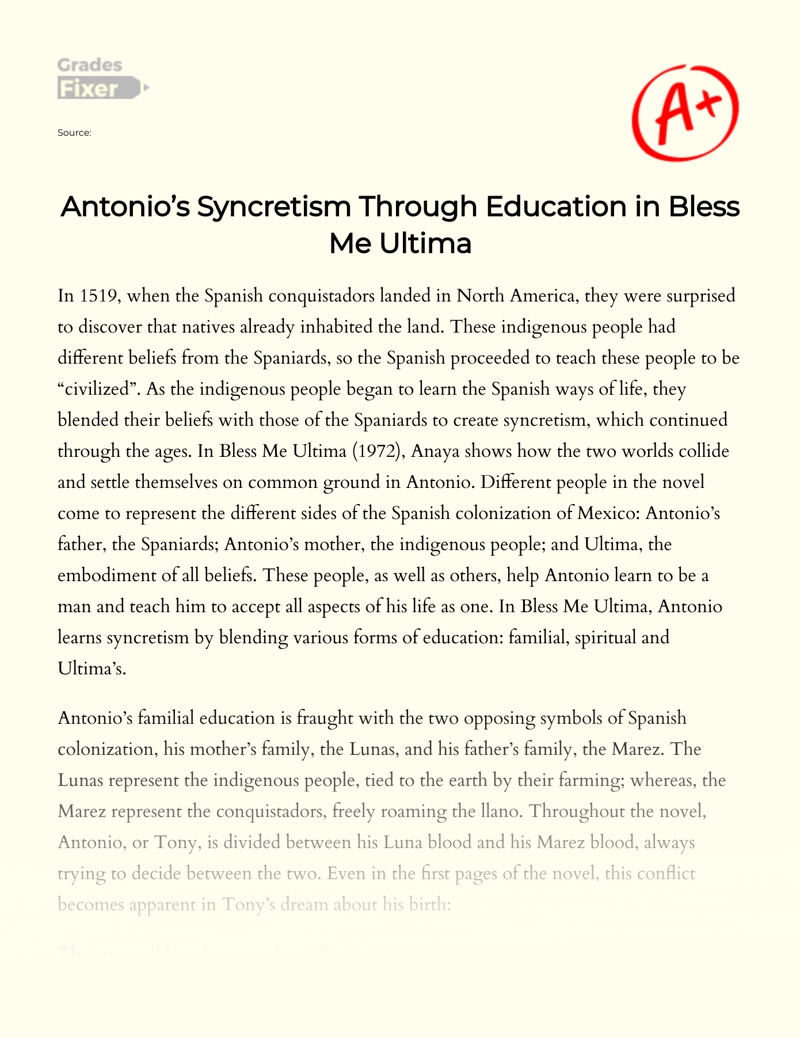 Antonio’s Syncretism Through Education in Bless Me Ultima Essay
