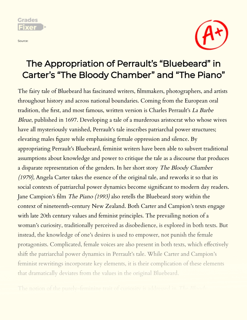 The Appropriation of Perrault’s "Bluebeard" in Carter’s "The Bloody Chamber" and "The Piano" Essay