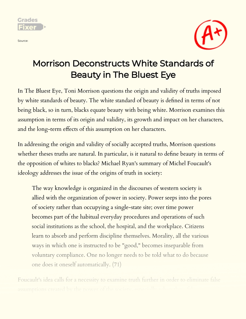 Morrison Deconstructs White Standards of Beauty in The Bluest Eye Essay