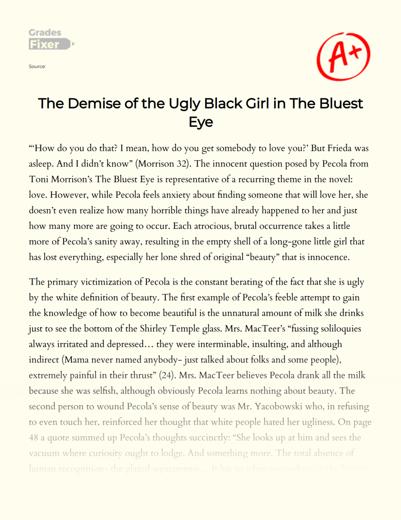 The Demise of The Ugly Black Girl in The Bluest Eye Essay