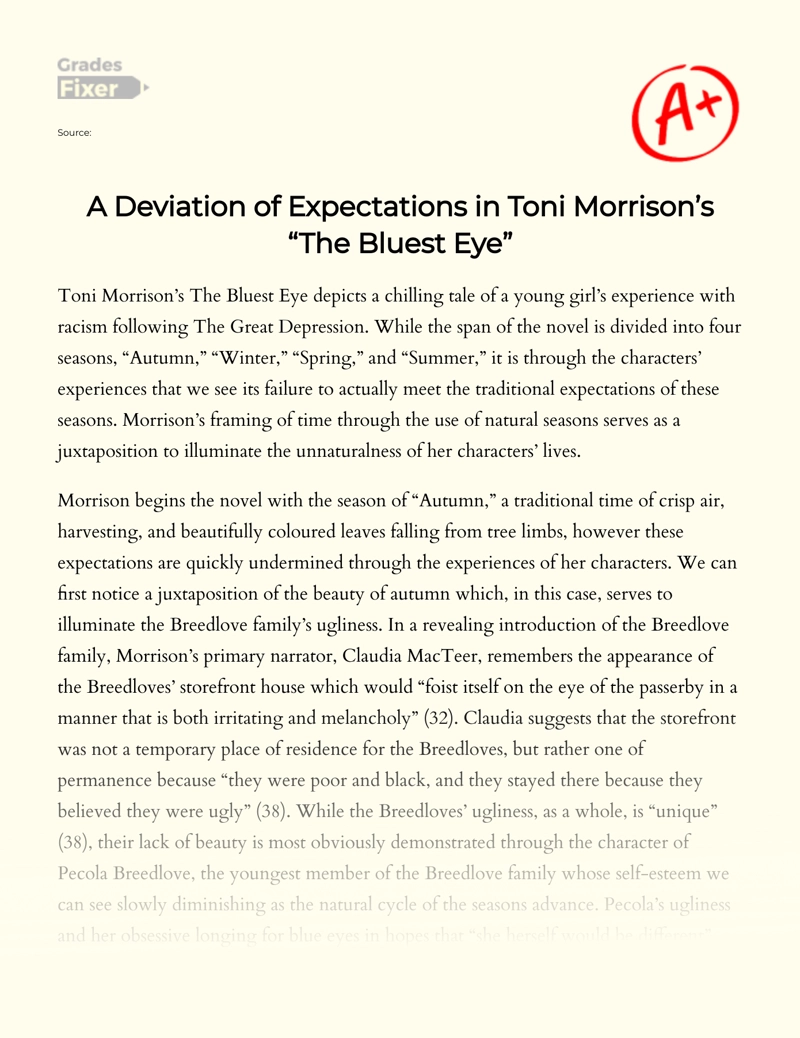 A Deviation of Expectations in Toni Morrison’s "The Bluest Eye" Essay