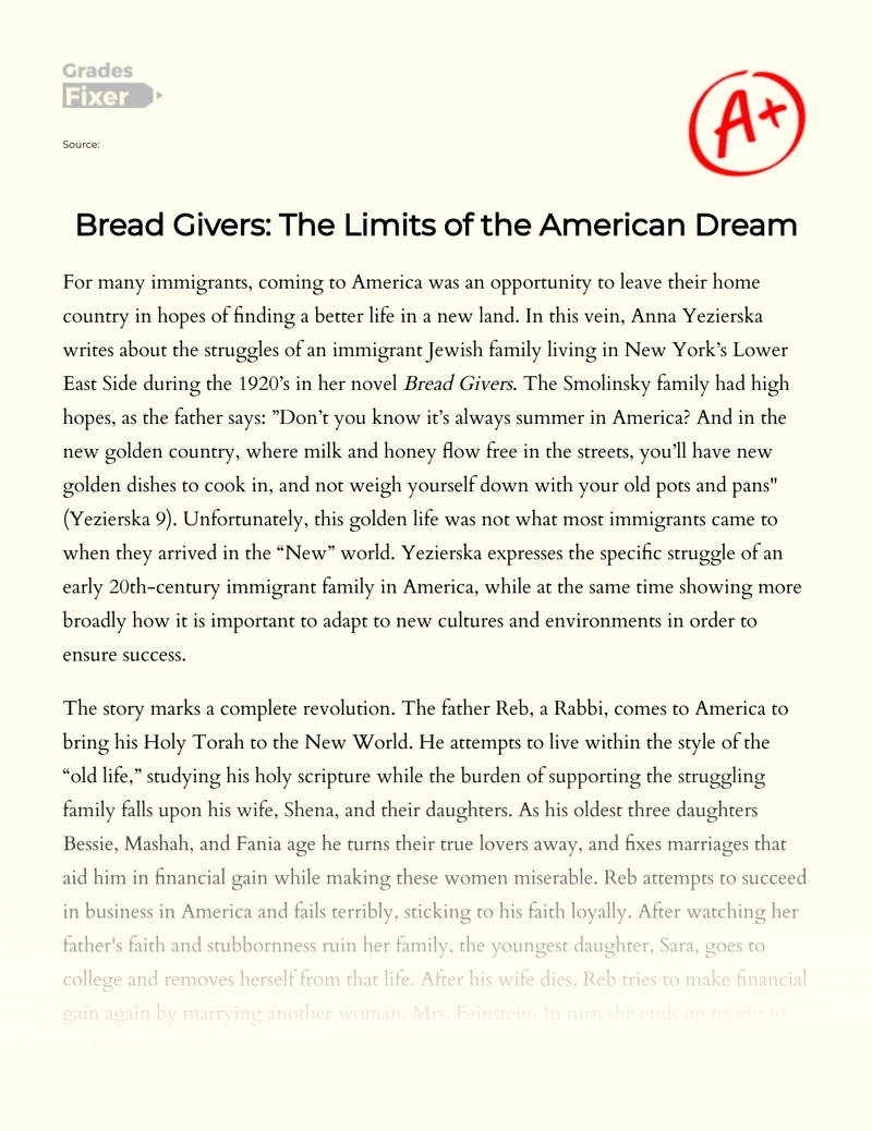 Bread Givers: The Limits of The American Dream Essay