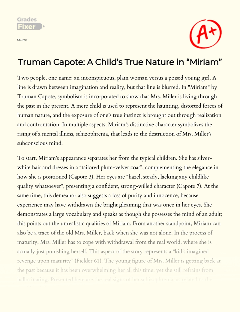 Truman Capote: a Child’s True Nature in "Miriam" Essay